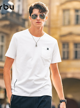 MrBu布先生圆领短袖男款t恤简约英文字母印花飞鸟图案口袋GT15262