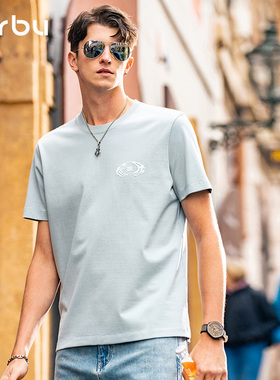 MrBu布先生纯色印花长绒棉休闲时尚圆领短袖男t恤蓝色清新GT15251