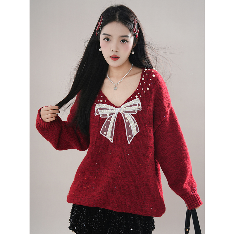 圣诞新年套 法式蝴蝶结针织衫毛衣+包臀短裙女冬季气质高级感套装