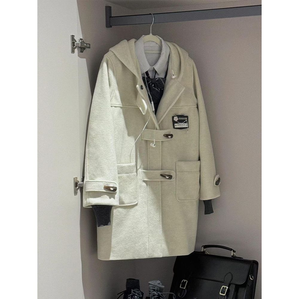 JK学院风秋冬牛角扣大衣毛呢外套中长款2025秋冬新款呢子外套女