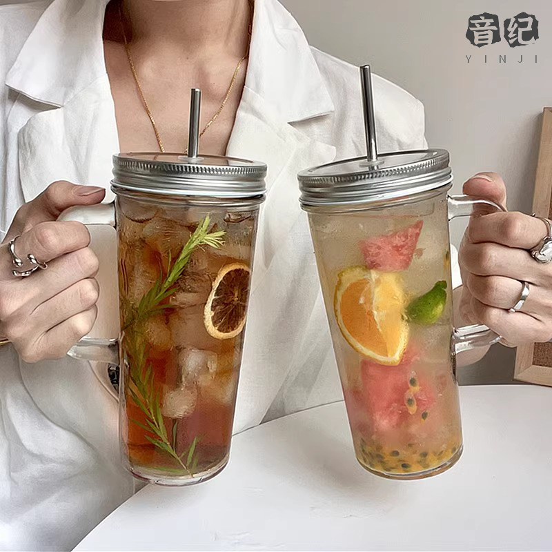 ins风梅森杯大容量吸管水杯玻璃杯带盖奶茶杯办公室牛奶咖啡杯子