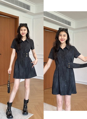 张阿星【加州盛夏】复古休闲polo领连衣裙牛筋收腰A字裙子女夏季