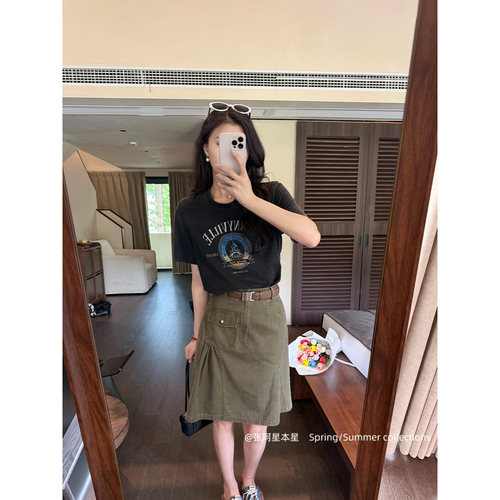 张阿星【街头工装】水洗黑纯棉百搭短袖T+复古工装口袋遮肉半裙夏