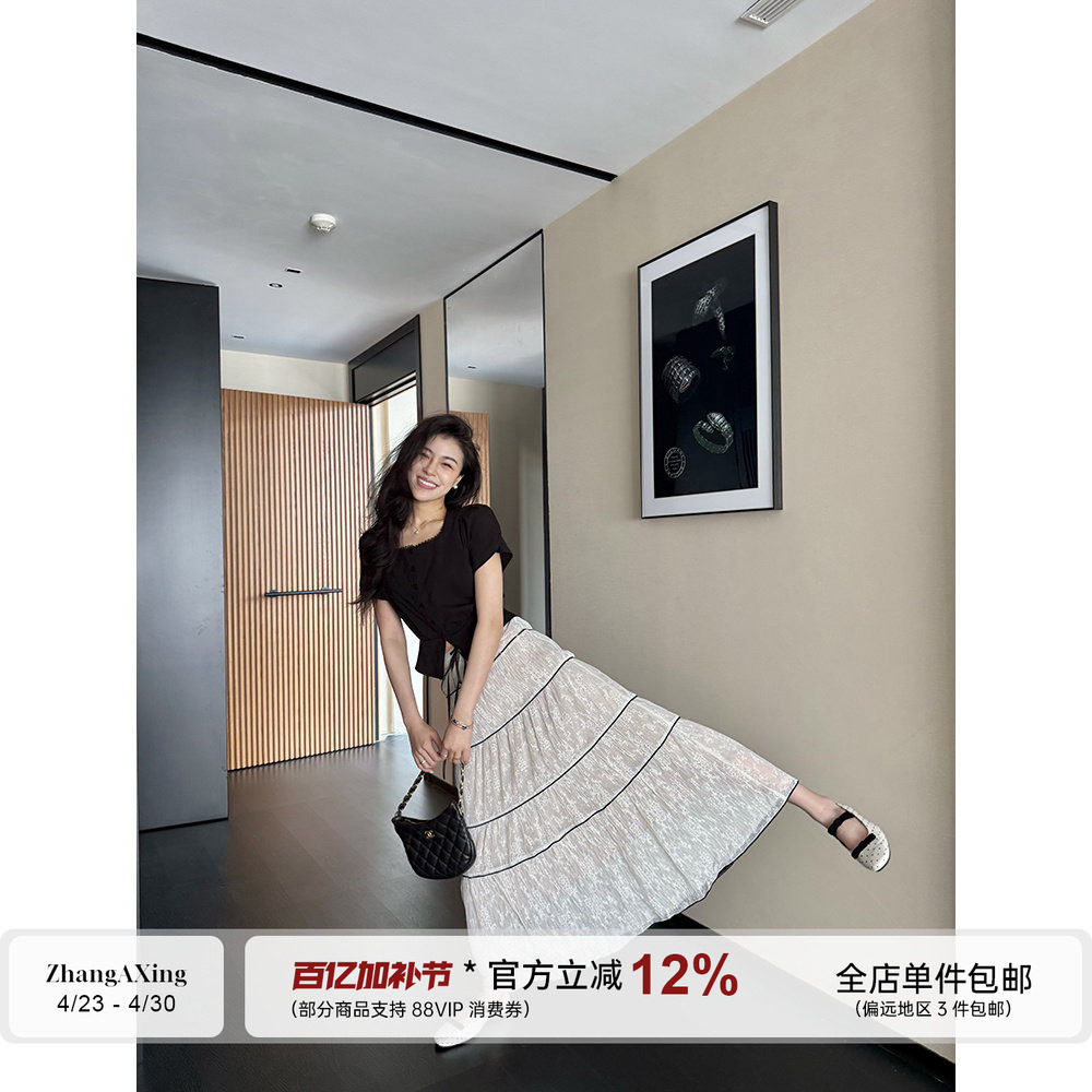 张阿星【弥漫半夏】法式浪漫重工大裙摆蕾丝网纱蛋糕裙+方领T恤