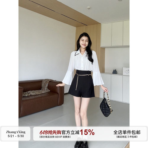张阿星【蒂凡尼千金】miu系千金风系带衬衫+腰链收腰高腰百搭短裤