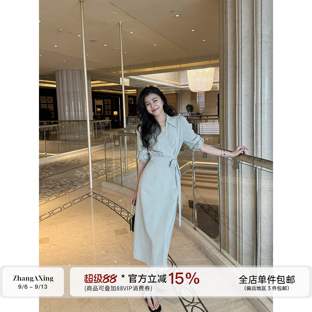 张阿星【清冷知性】法式薄荷绿一片式智感通勤气质收腰修身连衣裙图片