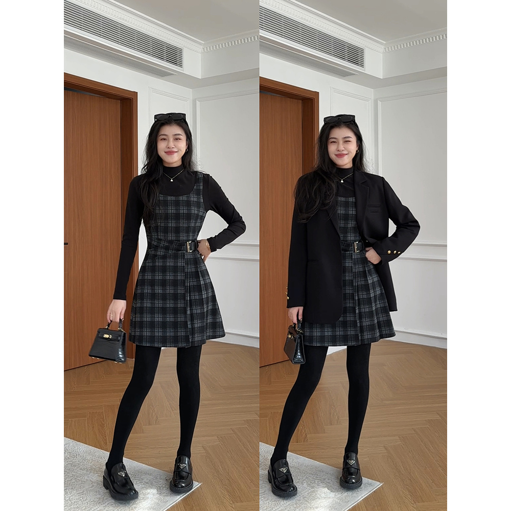 张阿星【日杂格纹裙】秋冬假两件半高领格纹拼接连衣裙