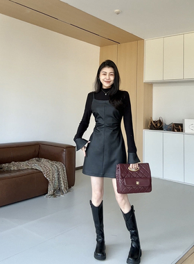 张阿星【人生神裙】假两件设计半高领辣妹气质拼皮收腰修身连衣裙