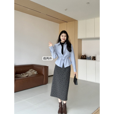 张阿星【缓存温柔】新款假两件撞色气质衬衫+ 花朵波点直筒半裙