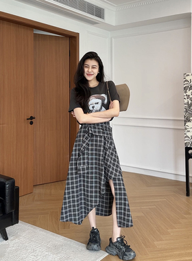 张阿星【撒野套装】美式高街短袖T恤+不规则格子半身裙两件套装夏