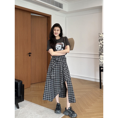 张阿星【撒野套装】美式高街短袖T恤+不规则格子半身裙两件套装夏