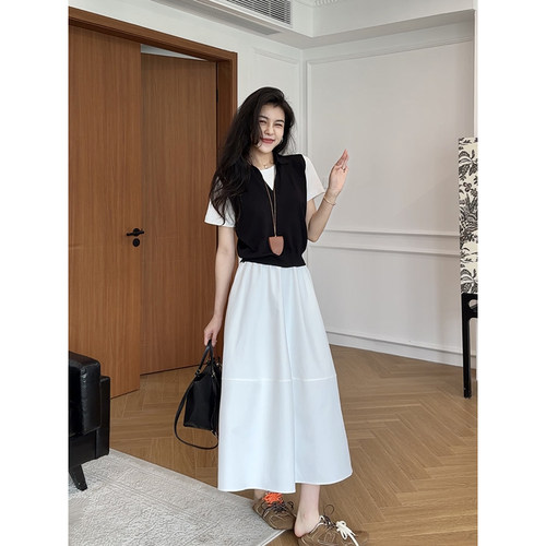 张阿星【夏夜晚风】莱赛尔假两件短袖T恤上衣+半身裙两件套装女夏