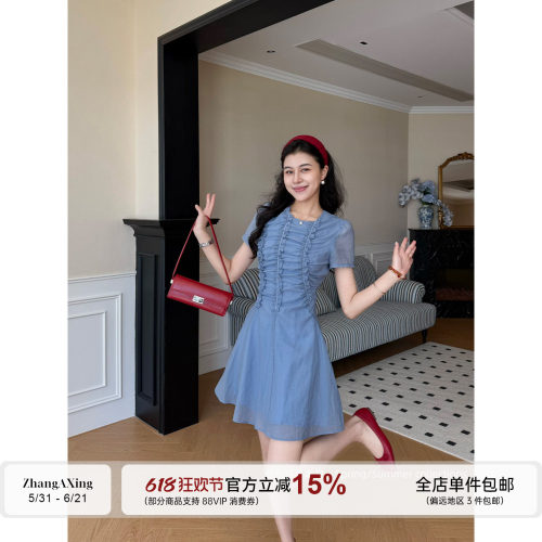 张阿星【蓝漾】韩系圆领蓝色压褶木耳边俏皮甜美法式显瘦连衣裙