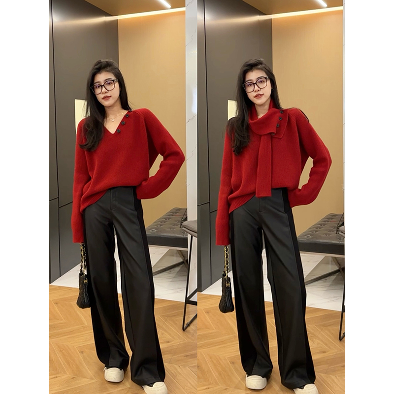 张阿星【新年氛围】年新款节日穿搭可拆卸围巾软糯毛衣+ 裤子