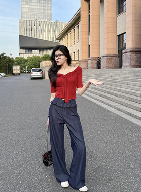 【现货】张阿星【港风美人】 港风假两件红色T恤复古牛仔蓝裤子