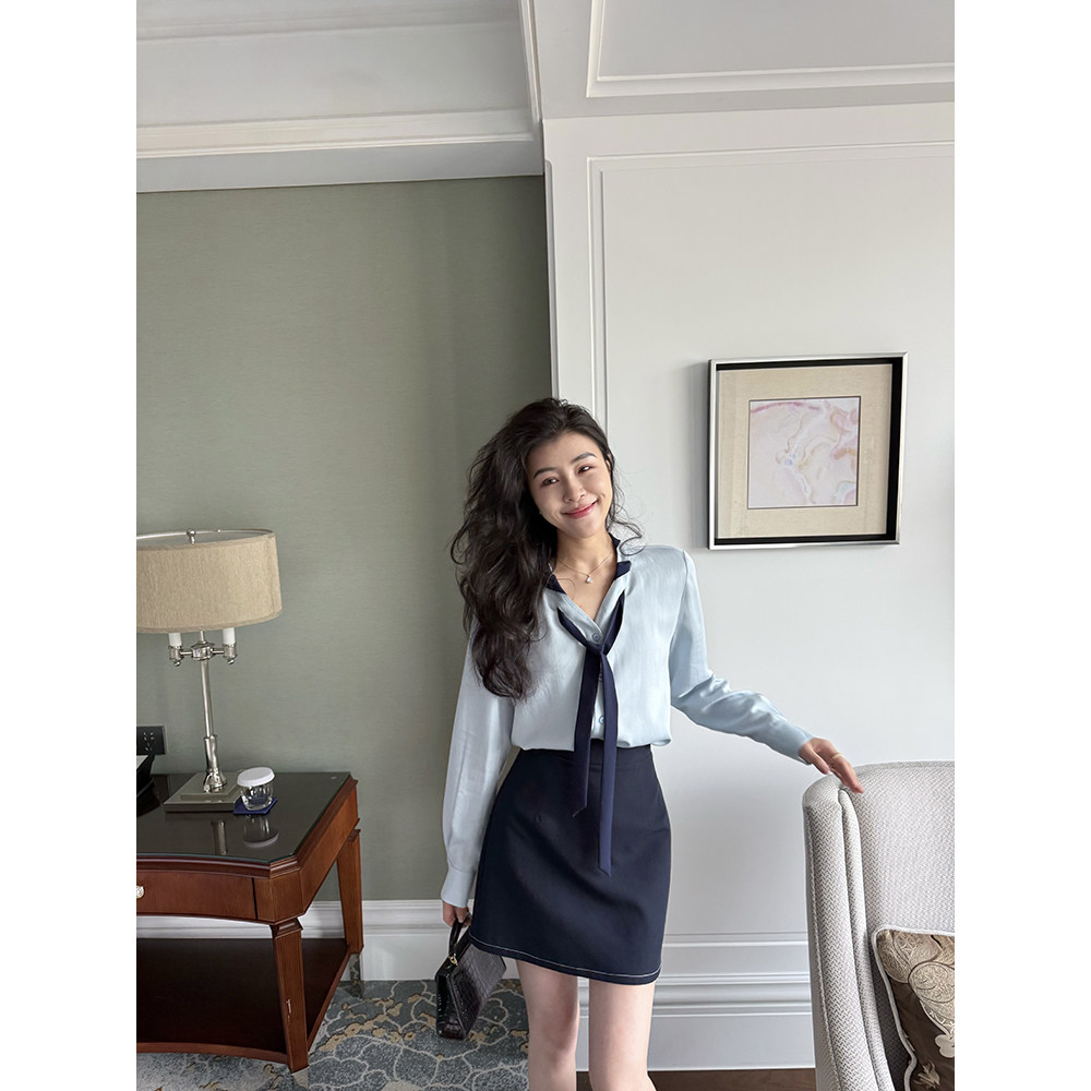 张阿星【雾岛春色】飘带拼接法式轻奢气质衬衫+纯色半裙长裤套装