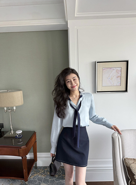 张阿星【雾岛春色】飘带拼接法式轻奢气质衬衫+纯色半裙长裤套装