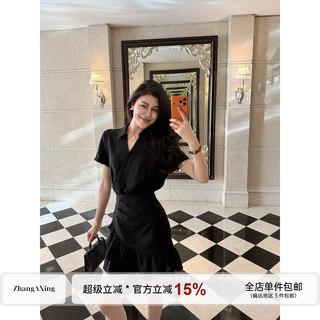 张阿星【轻奢小黑裙】miu系掐腰显瘦荷叶边不规则下摆精致连衣裙