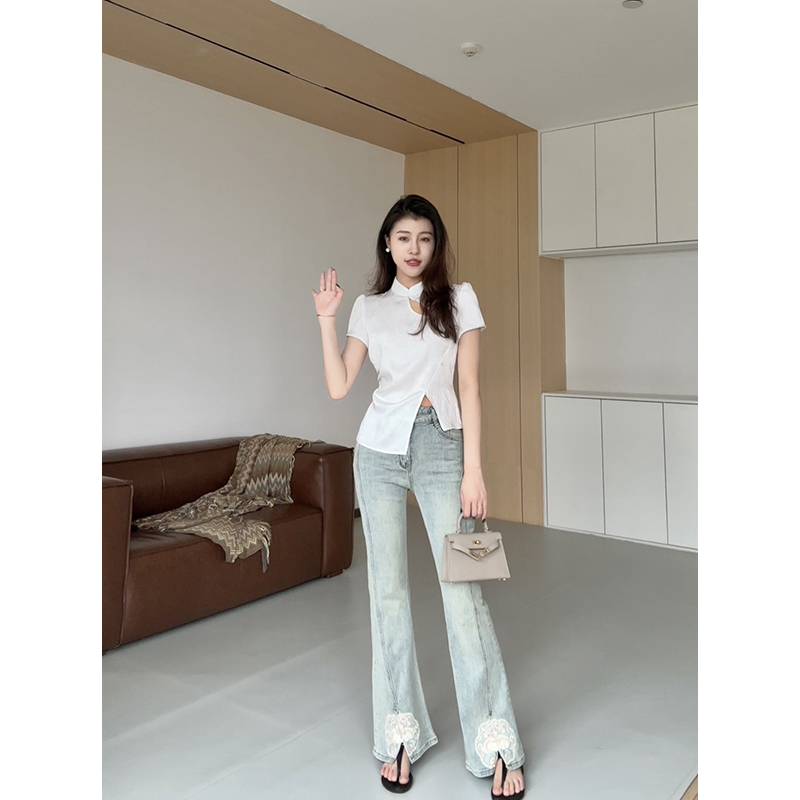 张阿星【长安春】2025改良版短款新中式衬衫+ 微喇修身显瘦牛仔裤
