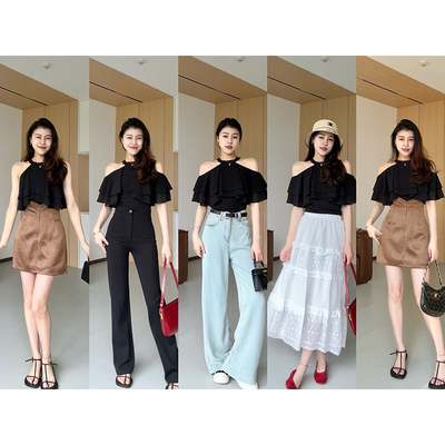 张阿星【夏日马提尼】 2025年新款挂脖露肩荷叶边上衣V腰显瘦半裙