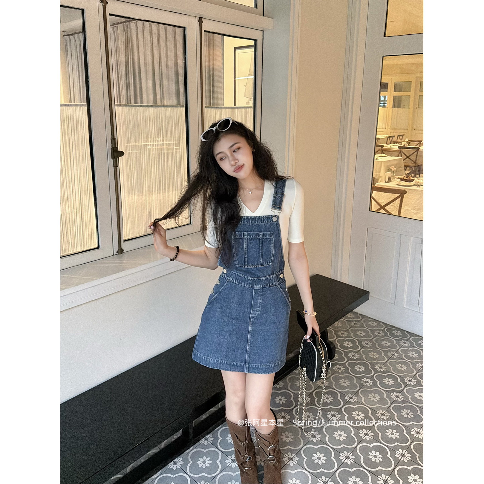 张阿星【牛仔乌托邦】元气少女减龄牛仔背带连衣裙+白色百搭短袖