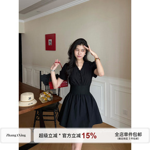 张阿星【复古小黑裙】法式木耳花边v领弹力收腰气质小黑裙连衣裙