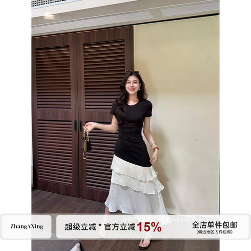 张阿星【浪漫书签】撞色连衣裙雪纺拼接灵动收腰小黑裙鱼尾连衣裙