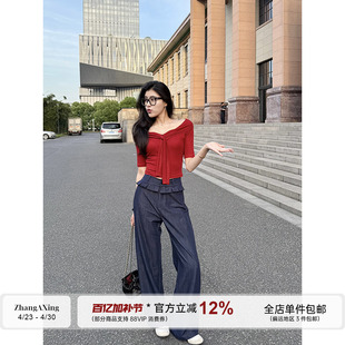 张阿星【港风美人】 港风明媚红色假两件红色T恤+复古牛仔蓝裤子