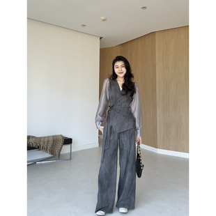 张阿星【高质感套装】 轻熟风干练通勤透气百搭斜收腰上衣+阔腿裤