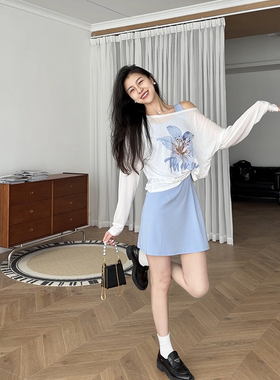 张阿星【雾蓝花语】薄款两穿防晒遮肉宽松罩衫+蓝色显白背心裙