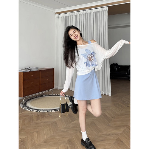 张阿星【雾蓝花语】薄款两穿遮肉宽松罩衫+蓝色显白背心裙夏季女