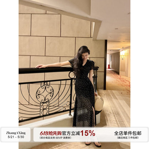 张阿星【波点欧尼】赫本气质v领抽绳调节收腰修身短袖波点连衣裙