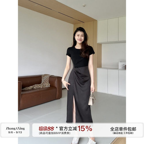 张阿星【南洋一梦】气质撞色拼接不沉闷高腰褶皱收腰侧开叉连衣裙