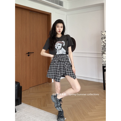 张阿星本星小狗T恤+格纹半裙女夏季气质休闲套装小众设计感两件套