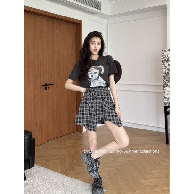 张阿星本星小狗T恤+格纹半裙女夏季气质休闲套装小众设计感两件套