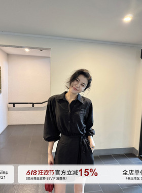 张阿星【自在优雅】莱赛尔醋酸质感黑色酷飒干练收腰系带连体裤