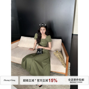 张阿星【青野漫行】工装棉质方领复古风收腰修身军绿色短袖连衣裙