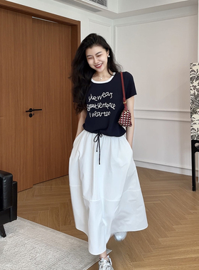 张阿星【舒适天菜】韩系休闲字母印花短袖T恤+高腰半身裙两件套装
