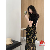 张阿星 飘逸雪纺碎花半身裙 纯色T恤 初夏生花 后背绑带镂空修身
