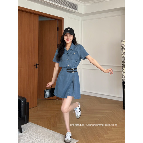 张阿星【牛仔旅人】港味复古风牛仔短袖连衣裙女夏季收腰短款裙子