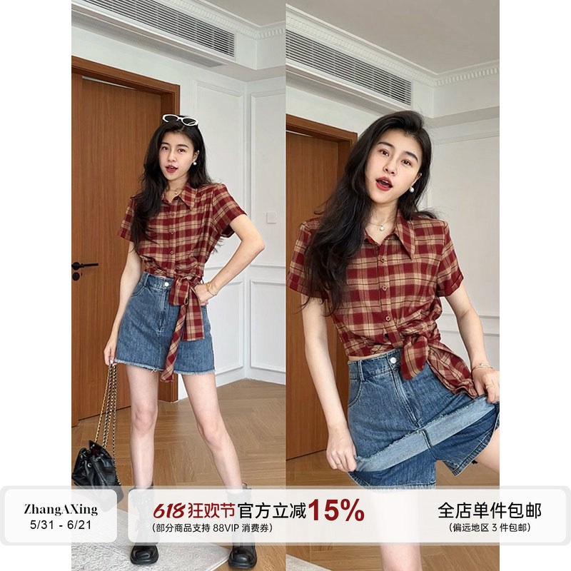 张阿星【复古港风】港风复古红格子衬衫+牛仔裙裤半身短裙套装女