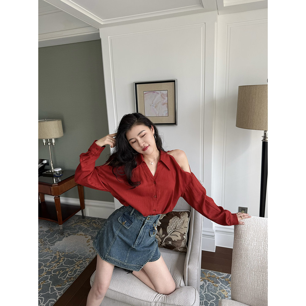 张阿星【红酒微醺】明媚港风露肩红衬衫+百搭高腰牛仔半裙裙裤
