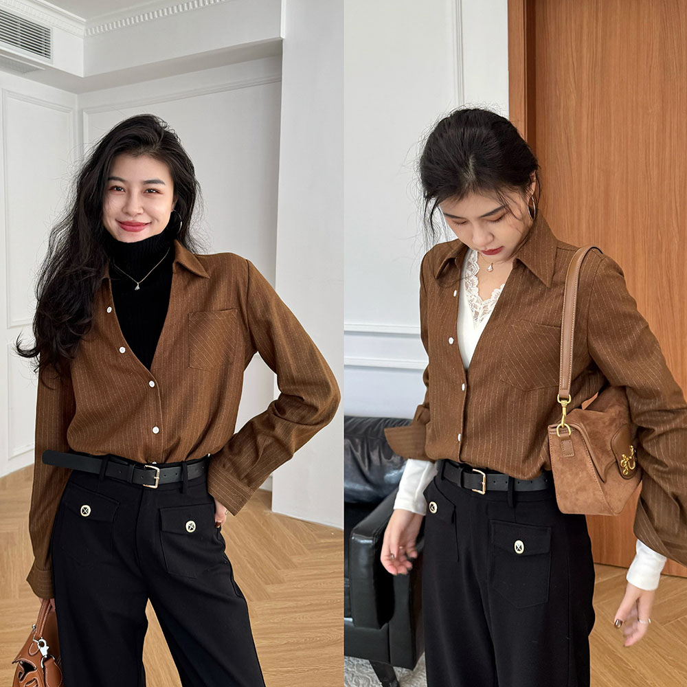 张阿星【梧桐秋意】新款极简松弛V领条纹时尚百搭衬衫