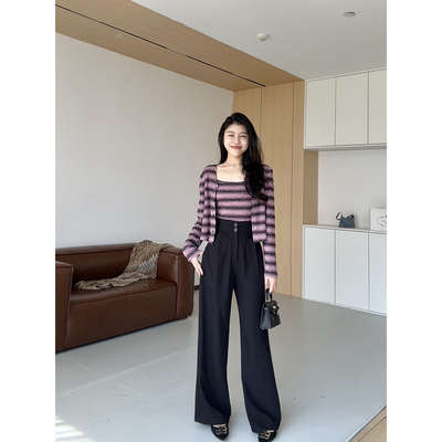 张阿星【莓果千层】黑粉撞条纹开衫两件套+高腰直筒裤 W424A11403