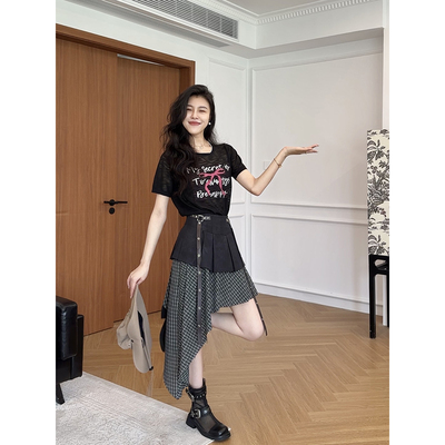 【现货】张阿星【全员自留】甜酷短袖T恤+拼接裙裤半身裙套装女