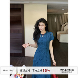 张阿星【孔雀蓝眼泪】新中式复古镂空显白蓝色收腰气质棉质连衣裙