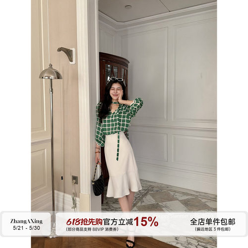张阿星【绿格裙】港风精致复古绿格撞色衬衫+气质高腰鱼尾半裙