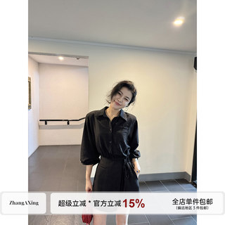张阿星【自在优雅】莱赛尔醋酸质感黑色酷飒干练收腰系带连体裤