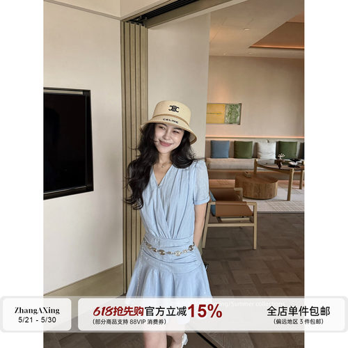 张阿星【南法仲夏】夏季清新甜美显白腰链收腰显瘦衬衫A字连衣裙
