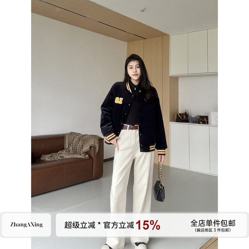 张阿星【休闲调性】美式高街复古灯芯绒加厚撞色宽松棒球服外套